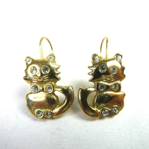 Gold Tone Kitty Cat Kitten Rhinestone Drop Lever Back Pierced Earrings Kitties - Picture 1 of 6